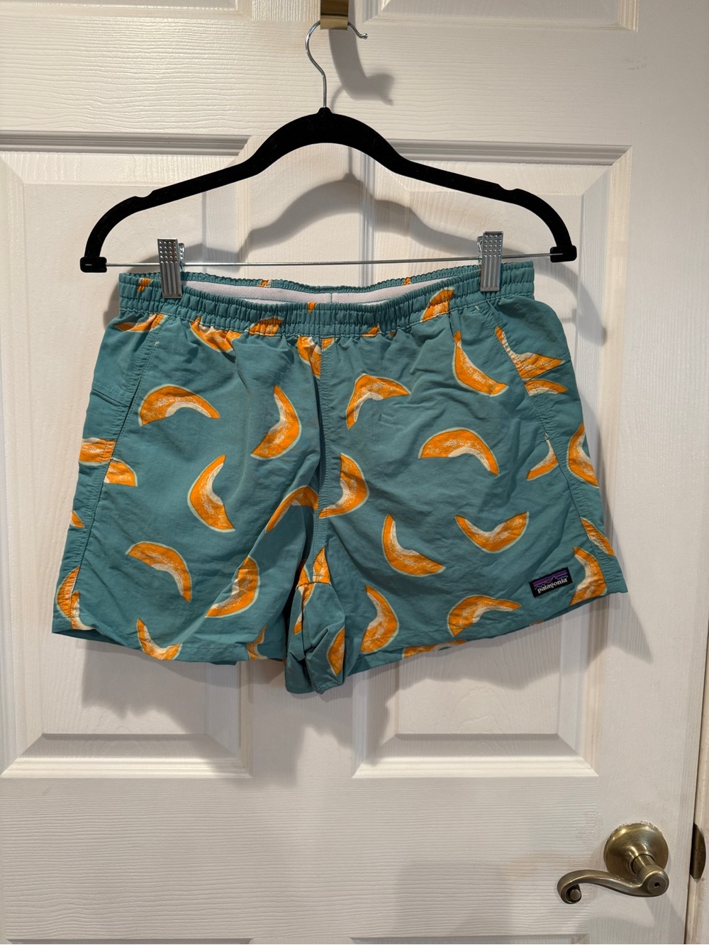 Patagonia Women’s Teal Baggies Shorts with Orange Fruit Slices 5” Inseam